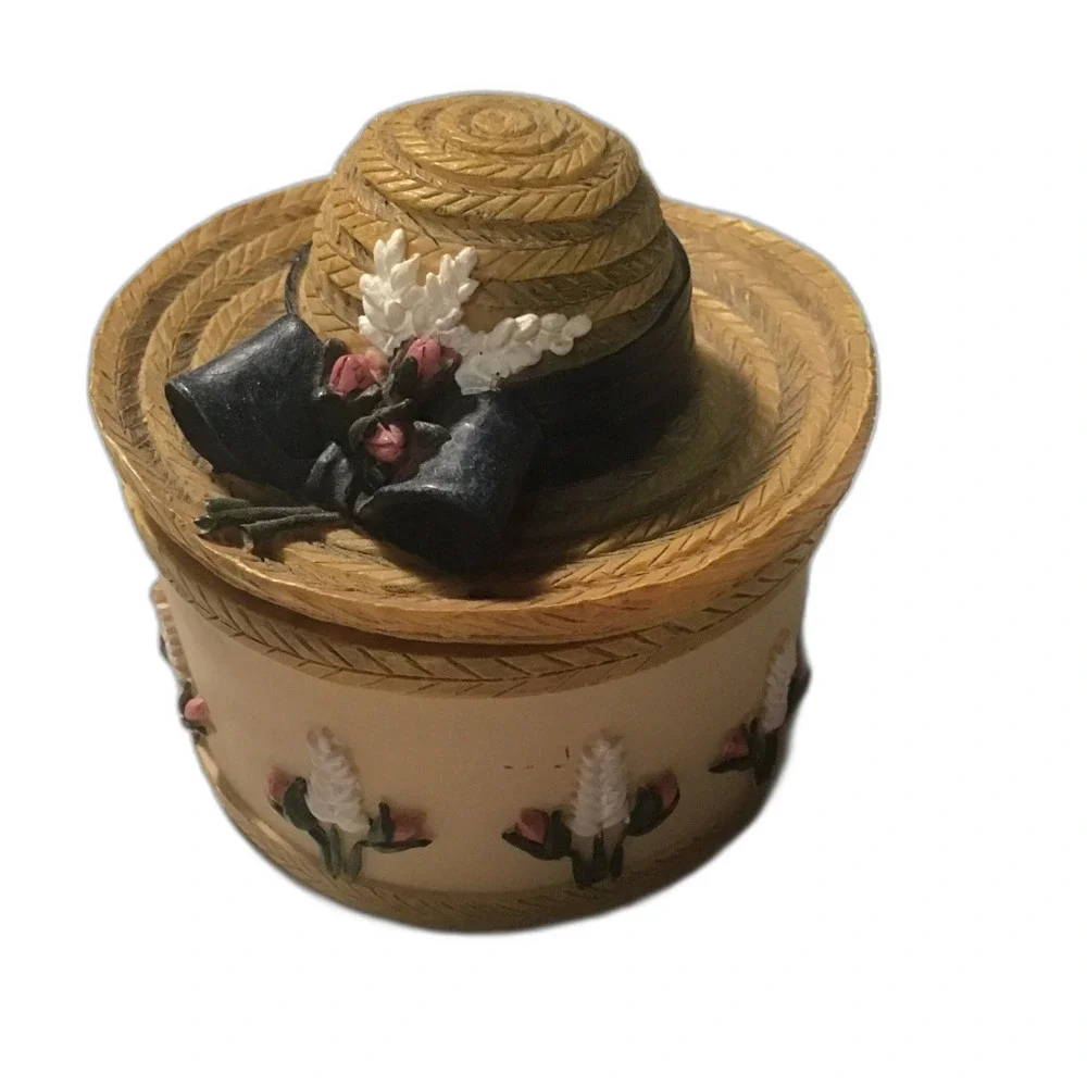 Vintage Dezine 1993 Hand-Painted Resin Straw Hat Trinket Box - Floral Garden 3